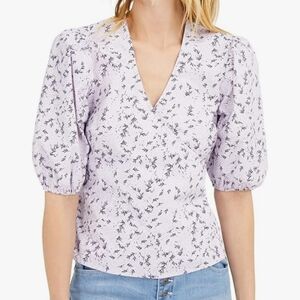 INC International Concepts Lilac Floral V-Neck Puff Sleeve Top